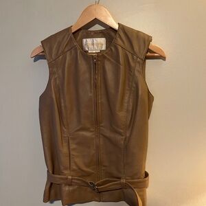 Margaret Godfrey Tan Leather Front Zipper Vest W/ Belt and Pockets - Size 6